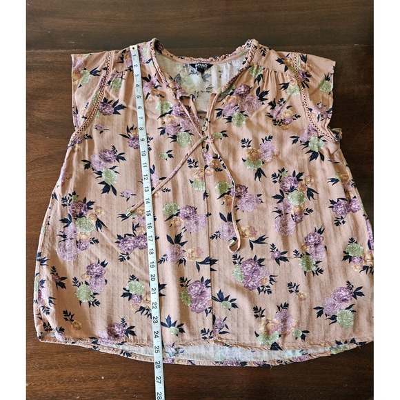 Buffalo David Bitton Blouse Womens Large Floral Short Sleeve Boho Top Tie Neck - Picture 16 of 16